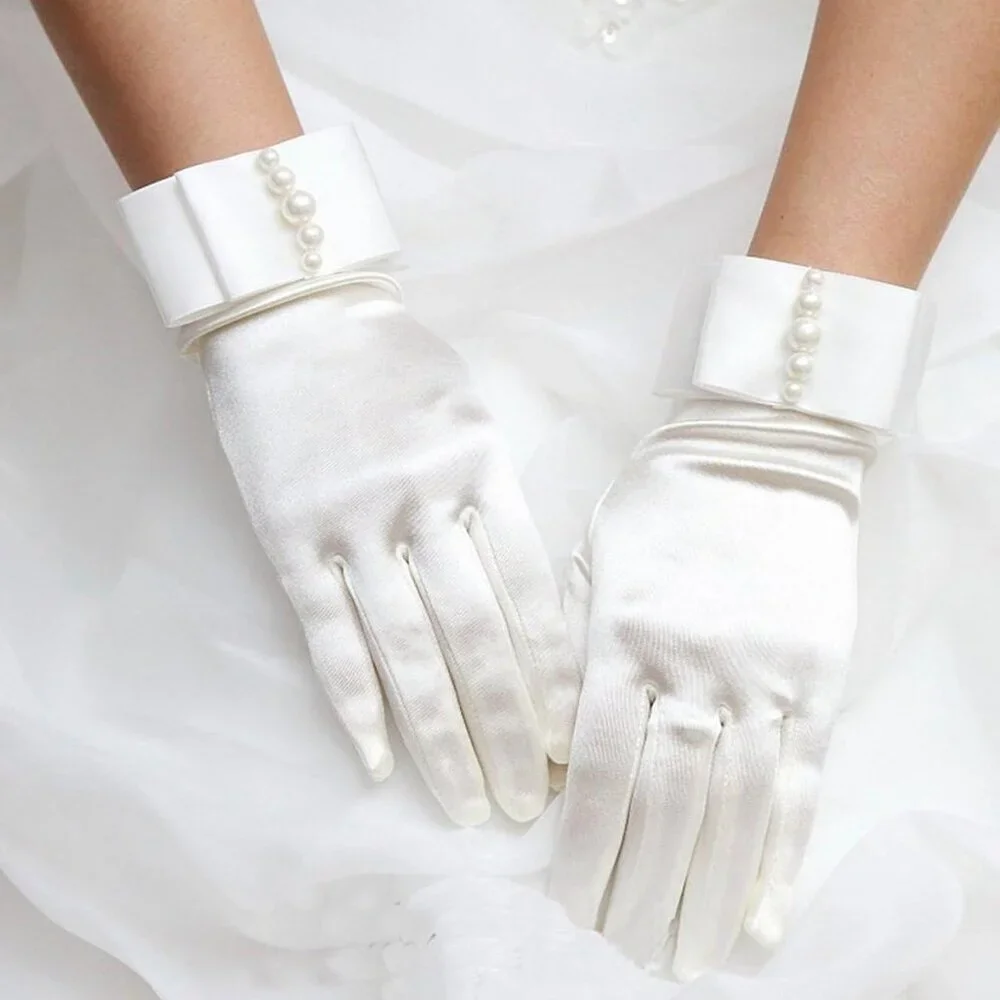 Women's Embellished Satin White Pearl Bow Gloves Elegant Finger Accessory